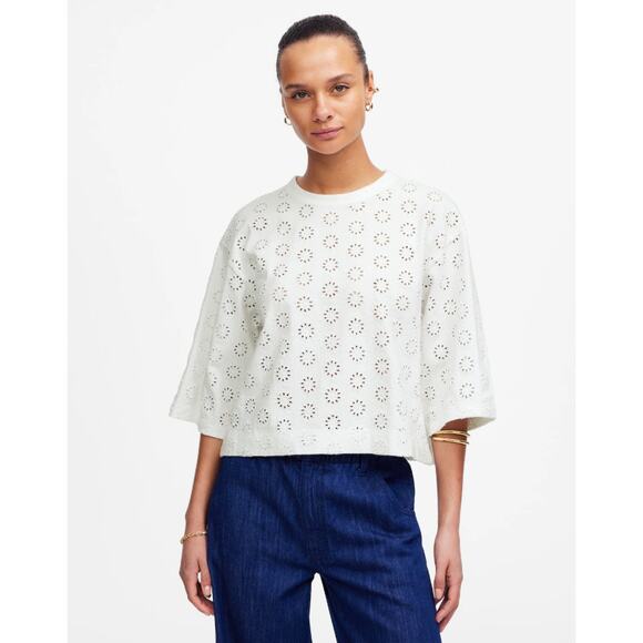 Madewell Embroidered Wide-Sleeve Boxy Tee WMNS L White Floral Crewneck Relaxed - Picture 1 of 8